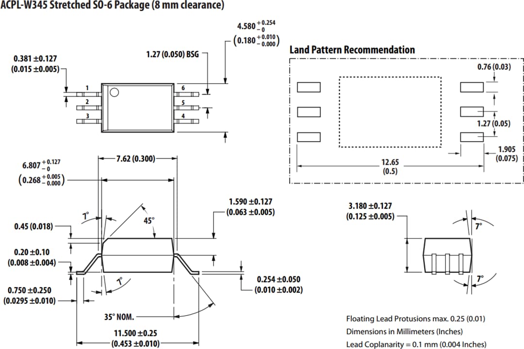 Mechanical Drawing - Broadcom ACPL-x345 SiC MOSFET Gate Drive Optocouplers