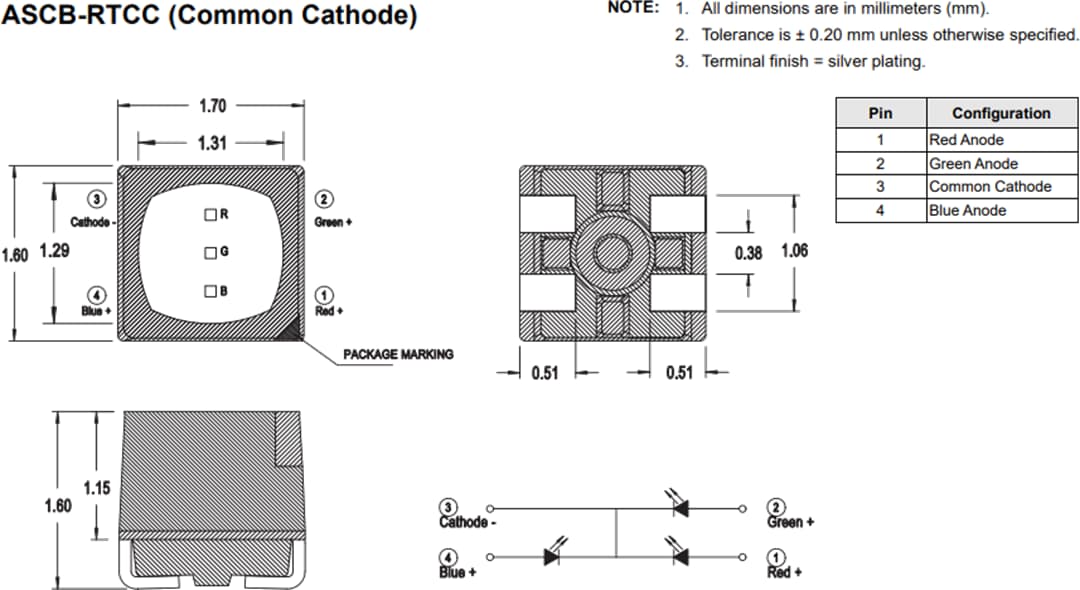 Mechanical Drawing - Broadcom ASCB-RTCx Tricolor PLCC-4 LEDs