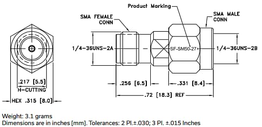 Mechanical Drawing - Mini-Circuits SF-SM50-27+ SMA-Female to SMA-Male Coaxial Adapter