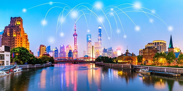Modern intelligence buildings in Shanghai, China, offer innovation using illumincation.