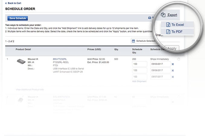 計劃訂單頁上的匯出下拉選項。